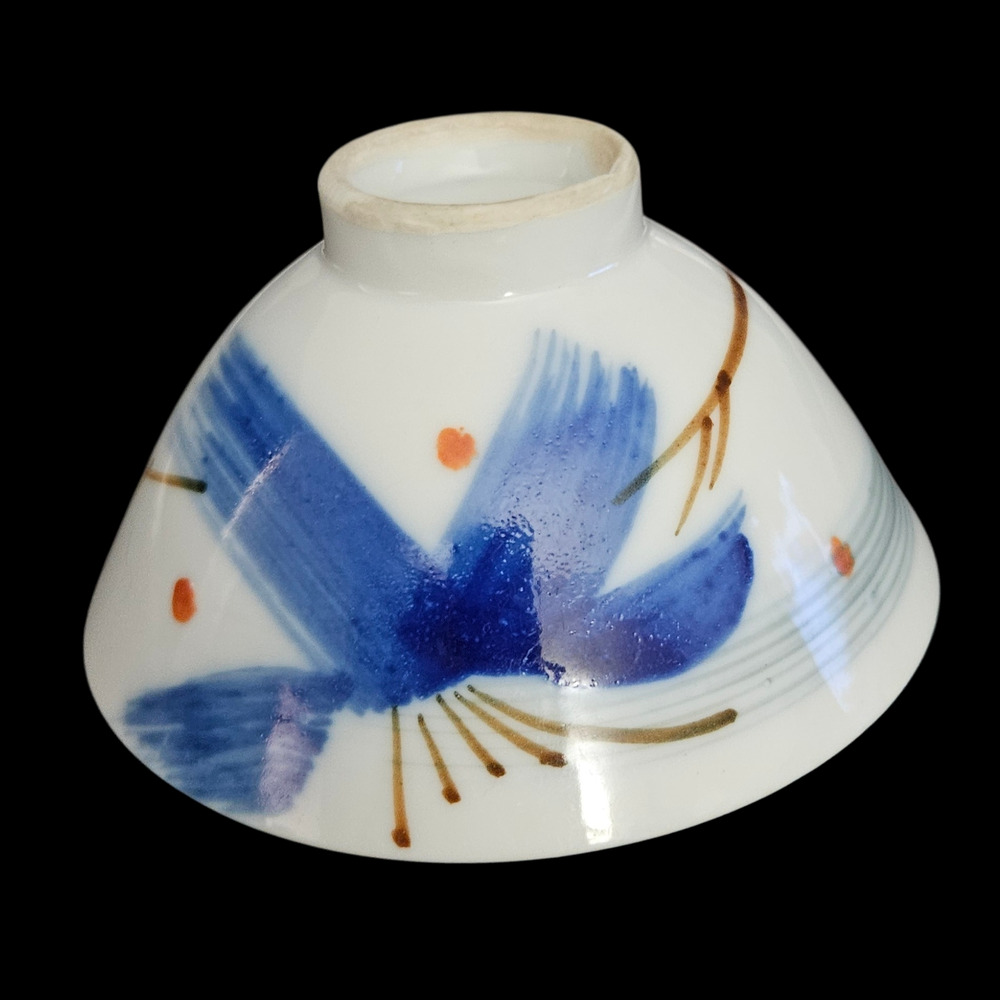 Vintage Japanese Blue White Abstract Brushstroke Ceramic Rice Bowl